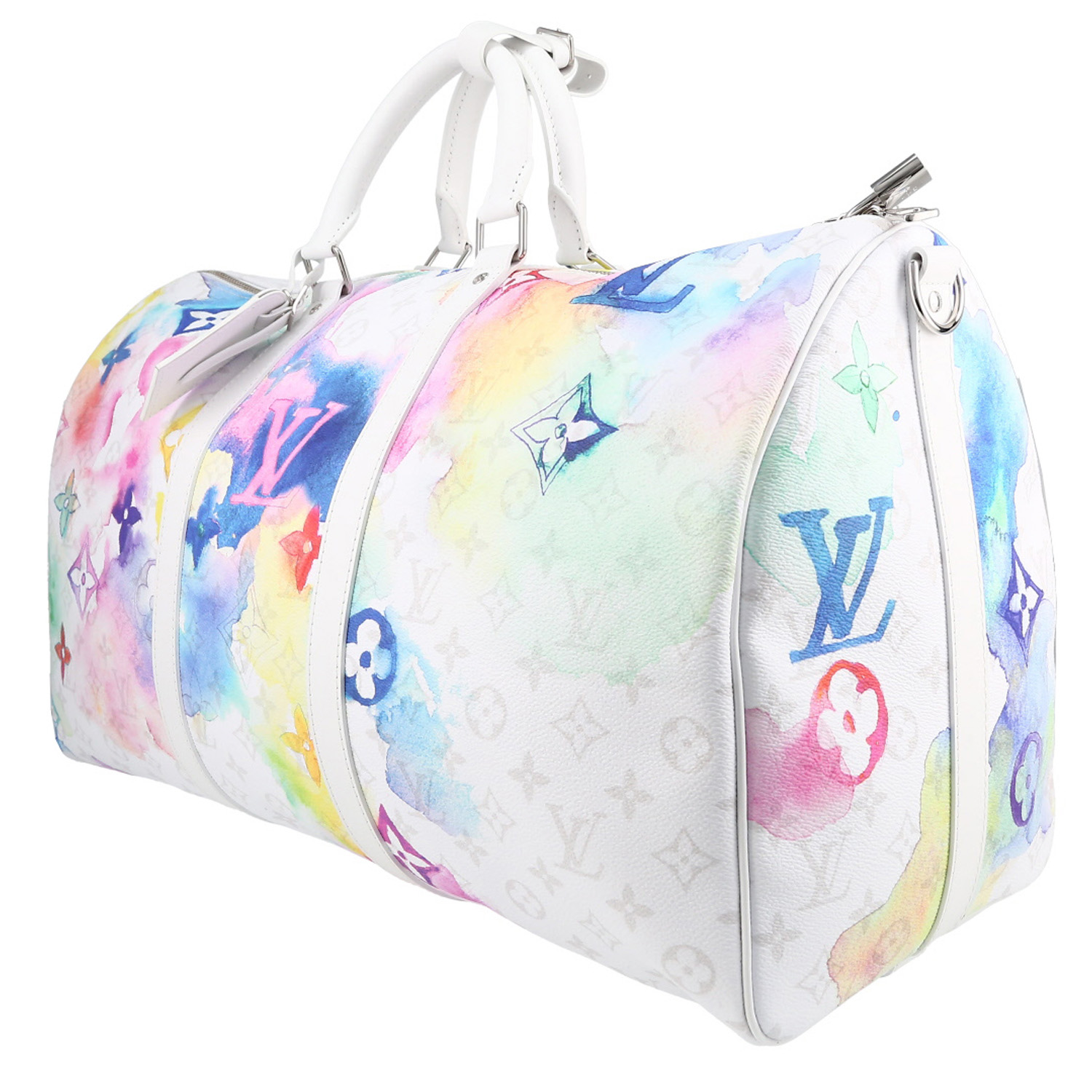 Bolsa de viaje Louis Vuitton  Keepall Editions Limitées en lona Monogram multicolor y cuero blanco - Detail D2