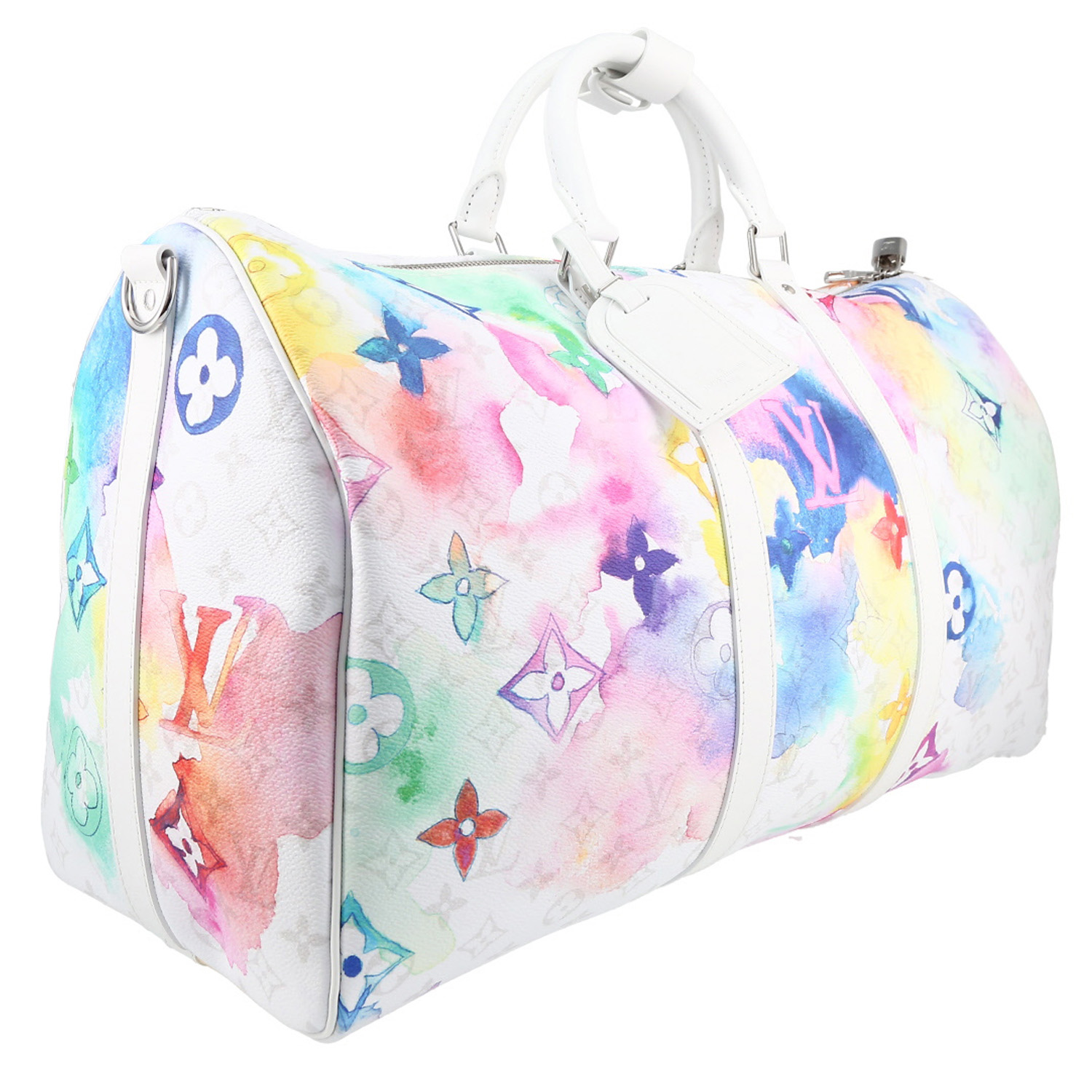 Sac de voyage Louis Vuitton  Keepall Editions Limitées en toile monogram multicolore et cuir blanc - Detail D3