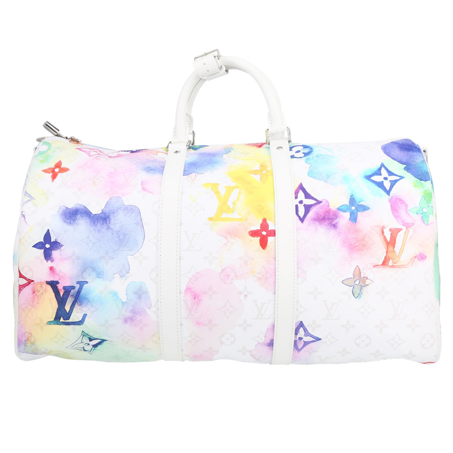 Bolsa de viaje Louis Vuitton  Keepall Editions Limitées en lona Monogram multicolor y cuero blanco - Detail D5