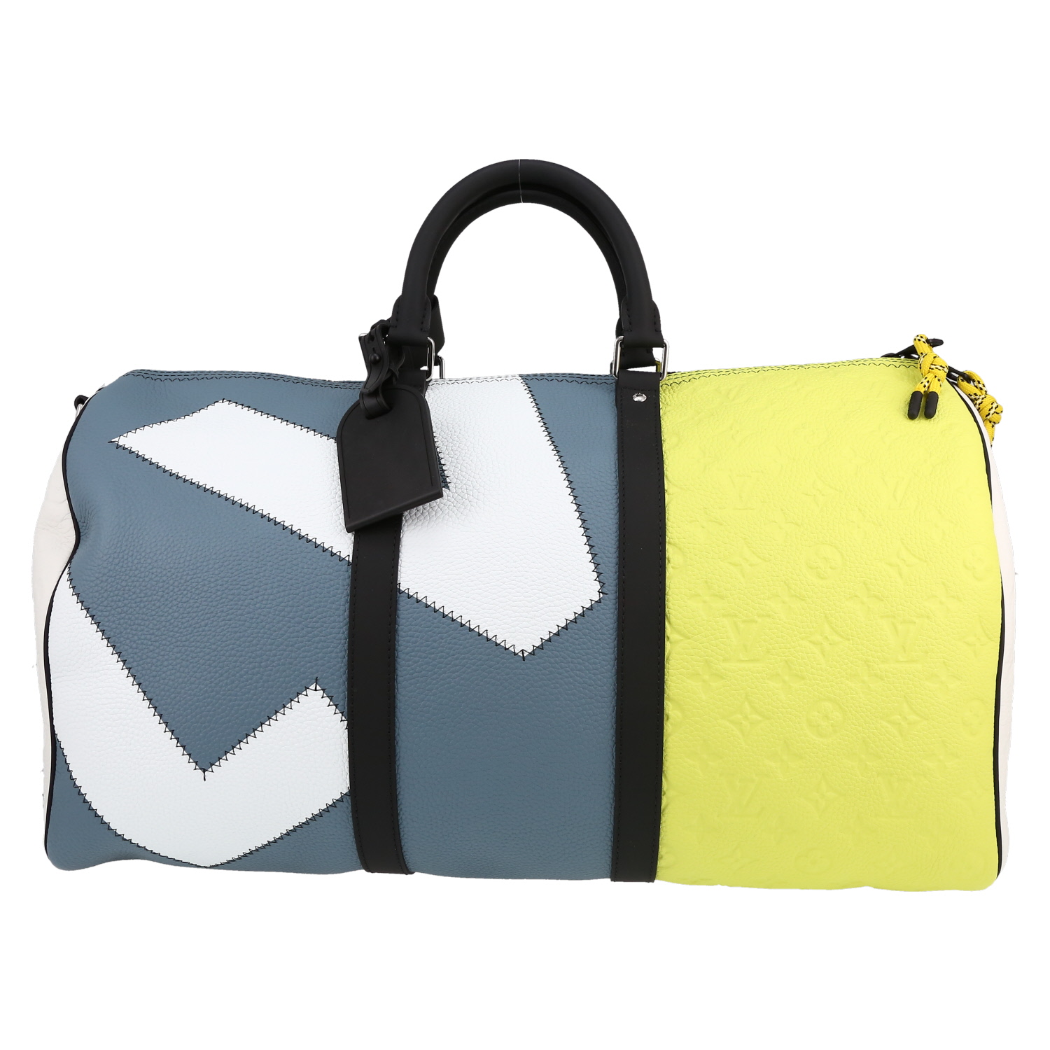 Bolsa de viaje Louis Vuitton  Keepall 50 en cuero Monogram negro, blanco amarillo y azul - Detail D1
