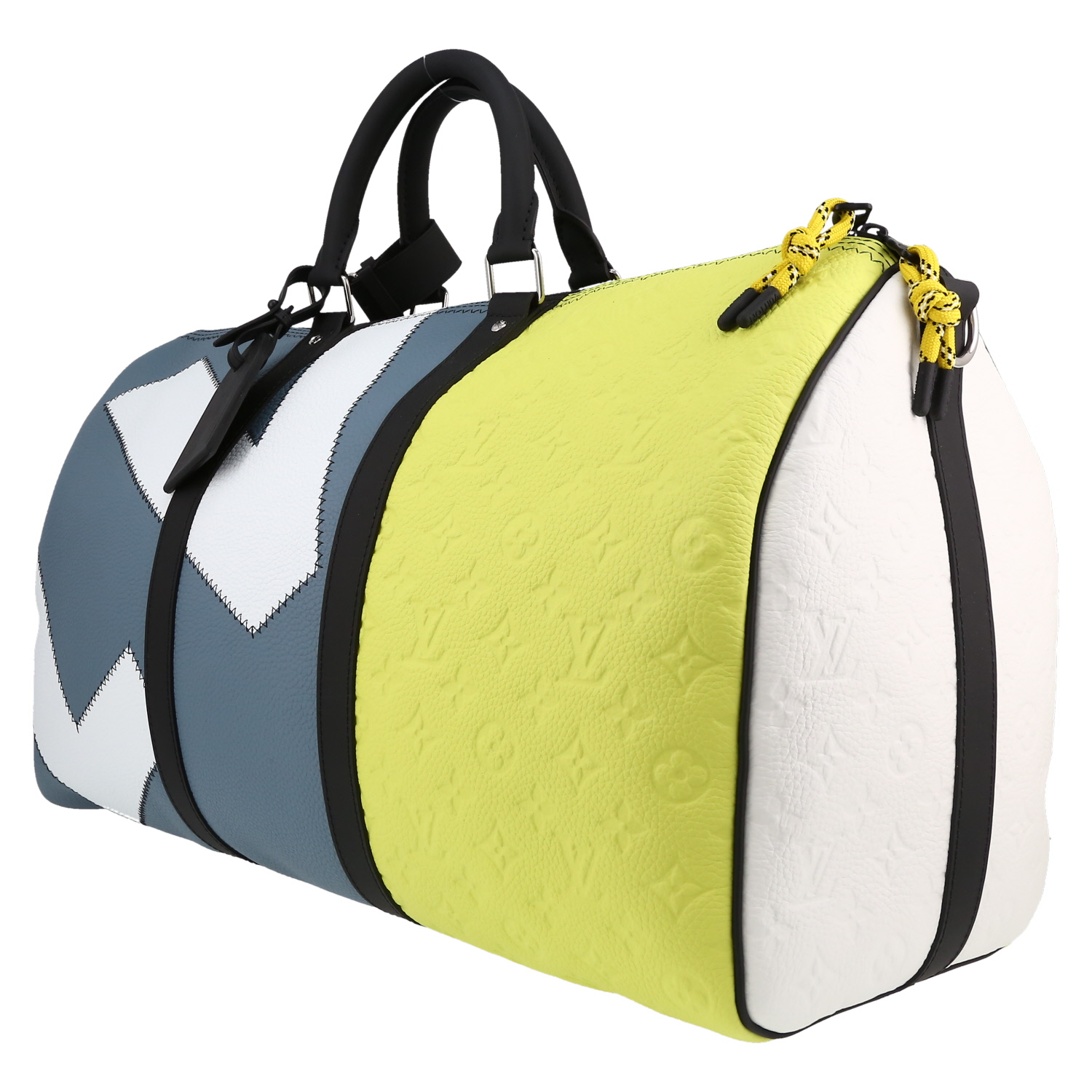 Bolsa de viaje Louis Vuitton  Keepall 50 en cuero Monogram negro, blanco amarillo y azul - Detail D2