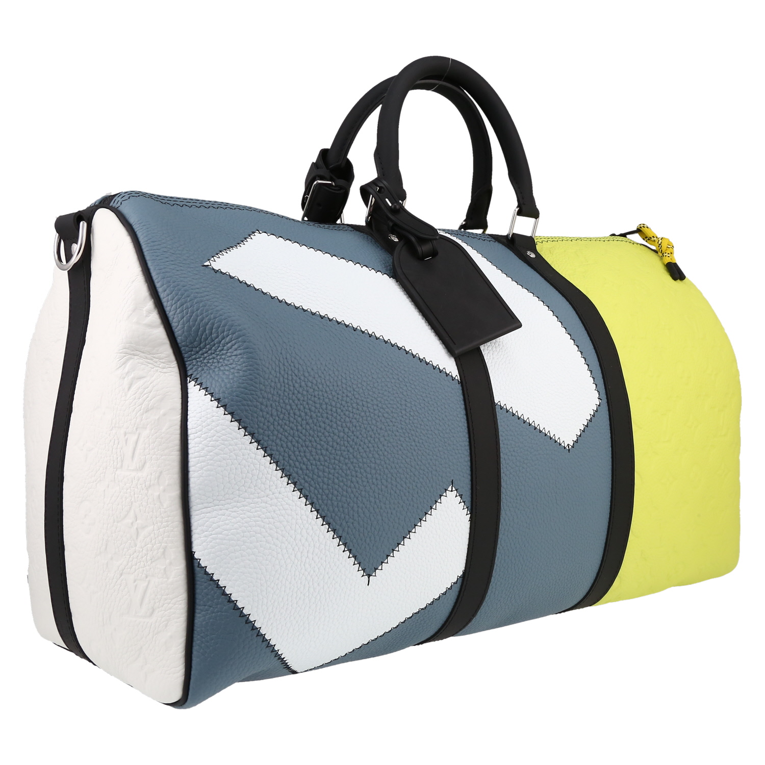 Bolsa de viaje Louis Vuitton  Keepall 50 en cuero Monogram negro, blanco amarillo y azul - Detail D3