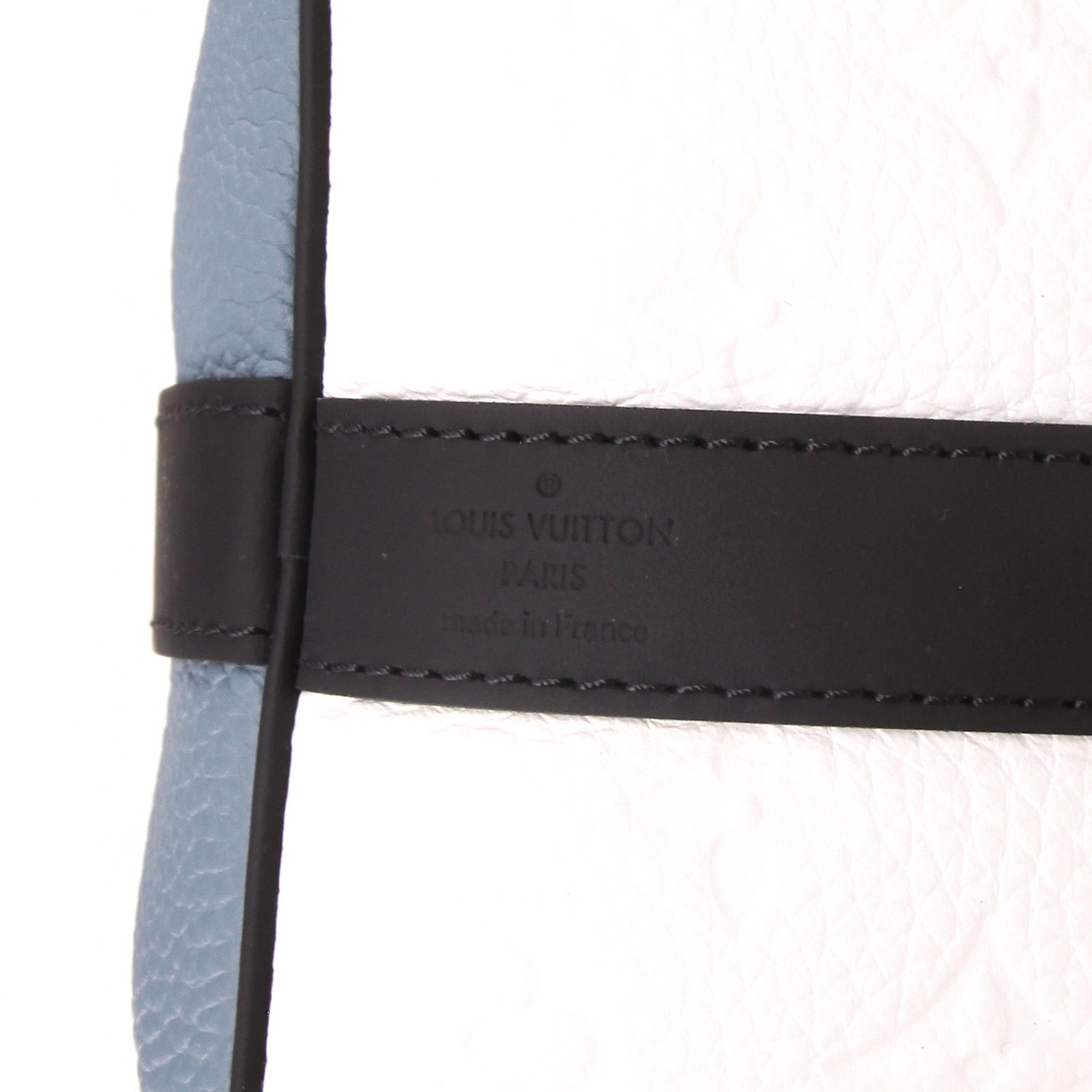 Sac de voyage Louis Vuitton  Keepall 50 en cuir monogram noir, blanc jaune et bleu - Detail D6