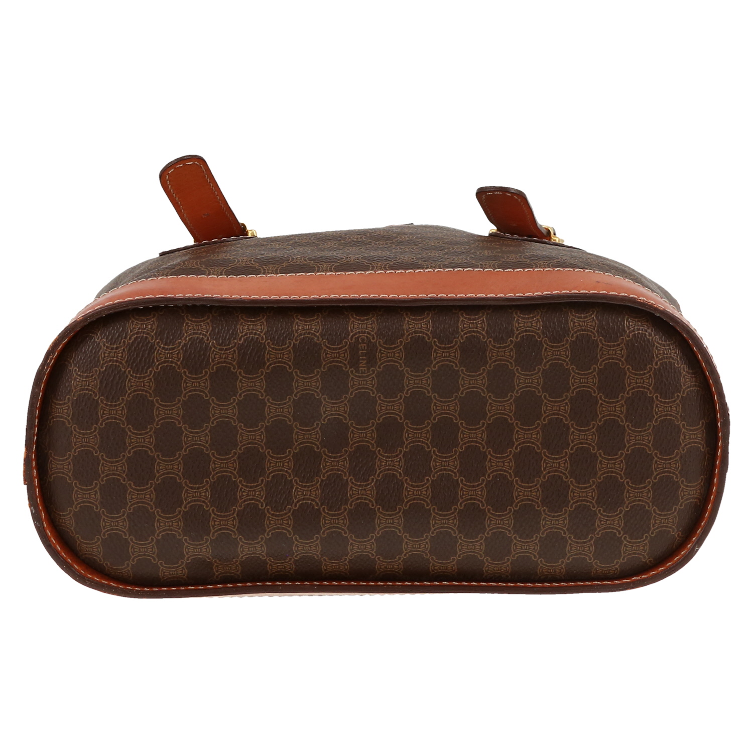 Bolso para llevar al hombro o en la mano Celine  Vintage en cuero marrón y tejido "Triomphe" marrón - Detail D1