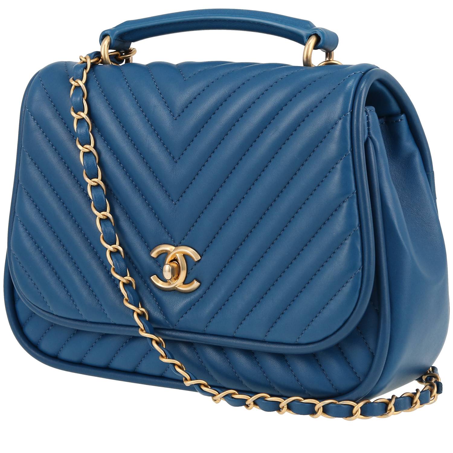 Shoulder Bag In Blue Chevron Quilted Leather