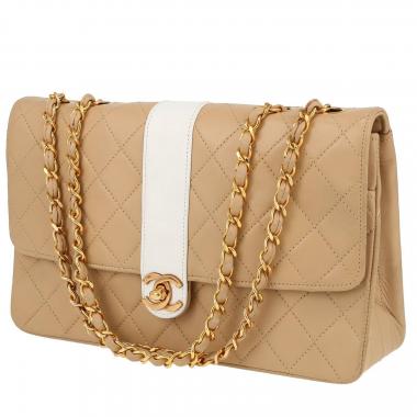 Sac à main Chanel   en cuir matelassé beige et blanc