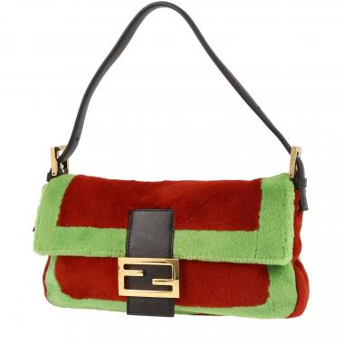 Borsa Fendi  Baguette in pelliccia sintetica rossa e verde e pelle nera