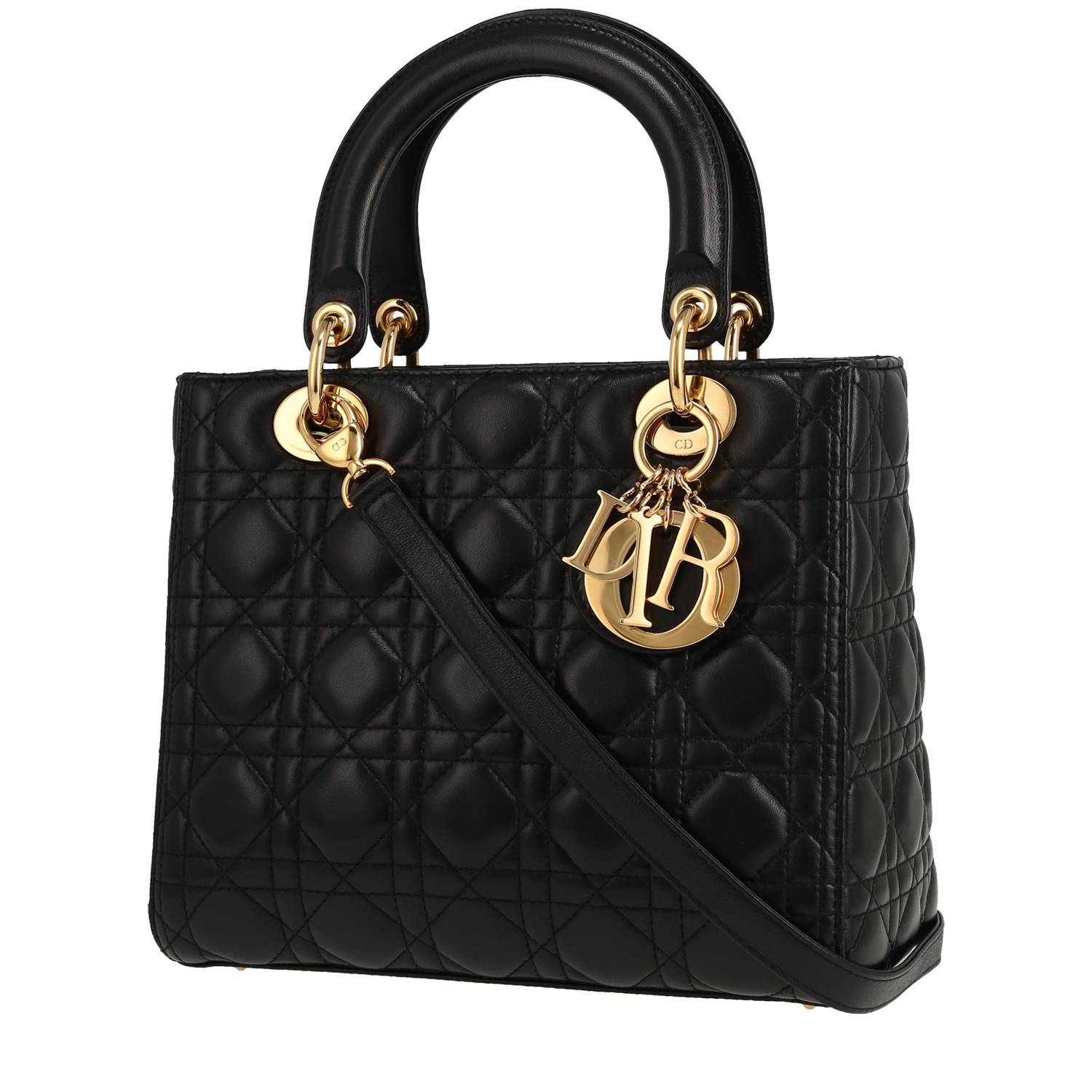 Lady Dior Handbag In Black Leather Cannage