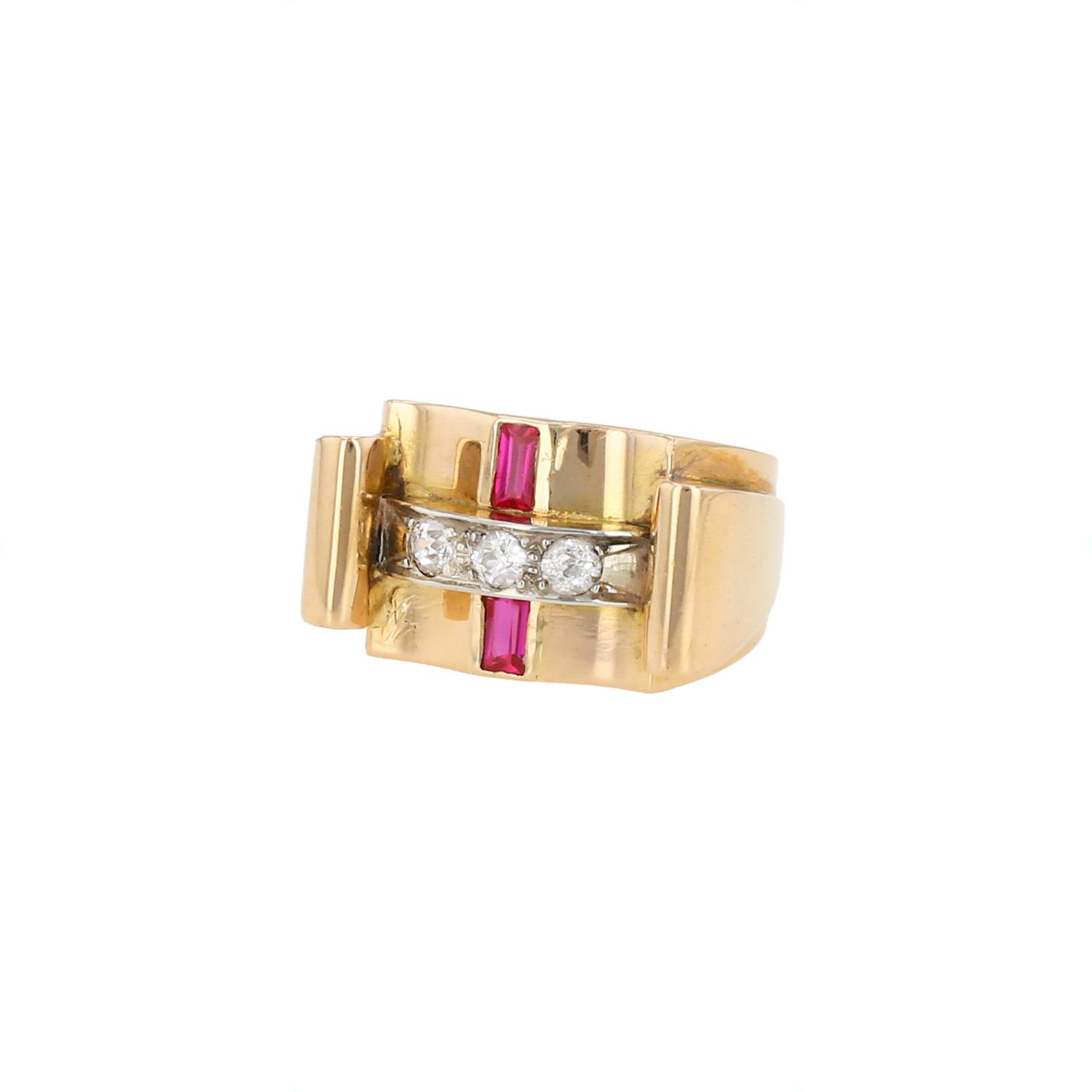 Bague Tank années 40 Vintage  en or jaune, diamants et rubis synthétique