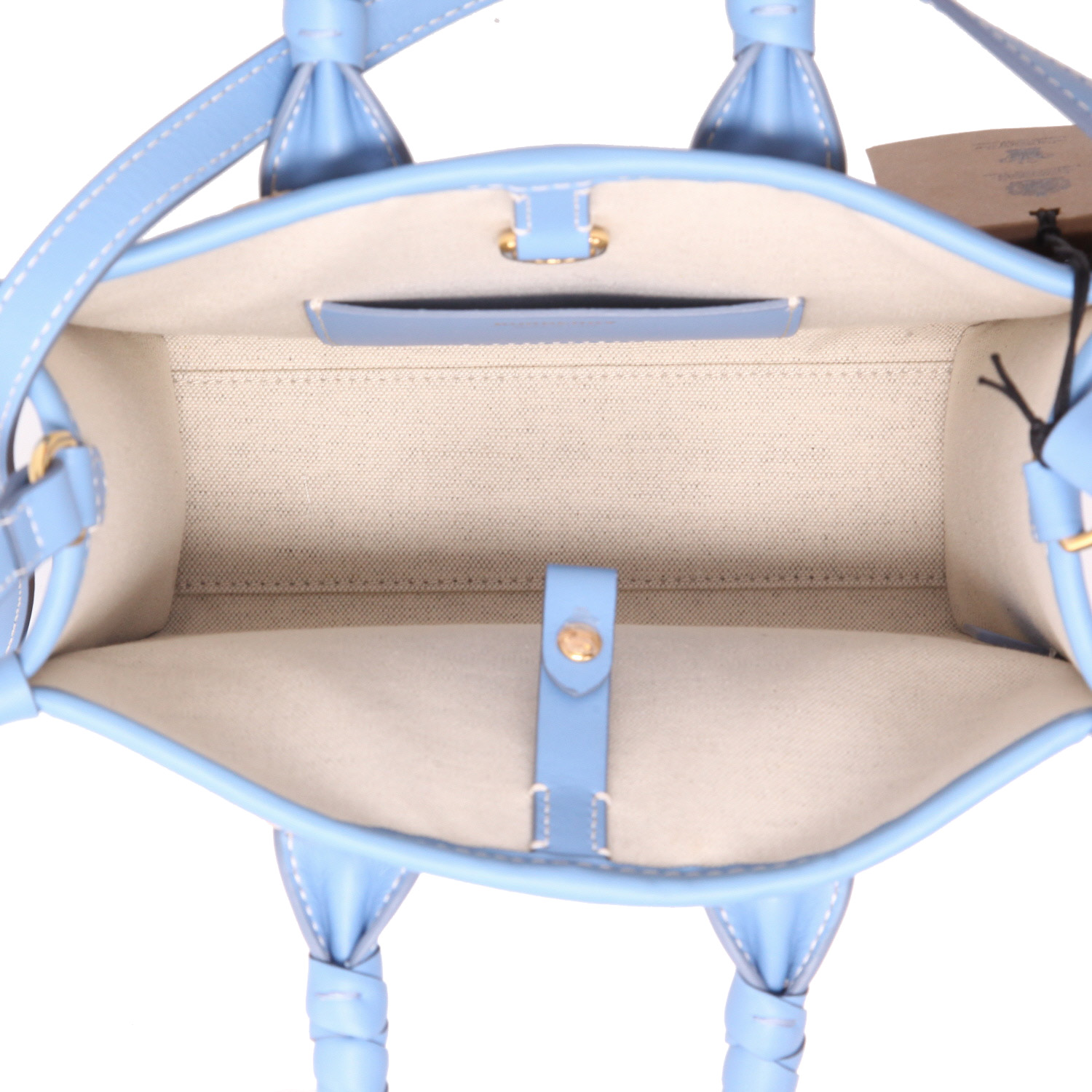 Sac cabas Burberry  Freya en raffia beige et cuir bleu - Detail D3