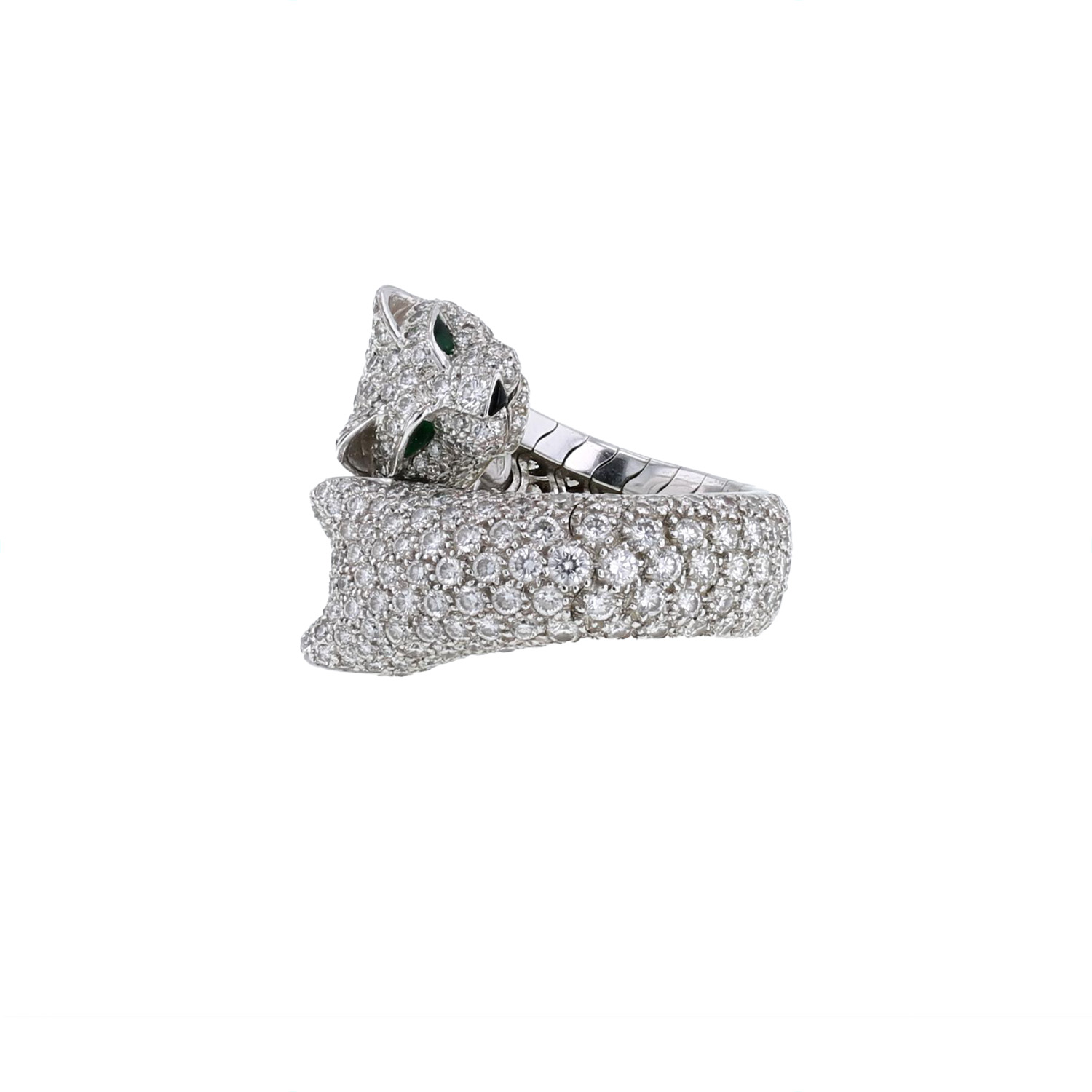 Bague semi-rigide Cartier Panthère Lakarda en or blanc, diamants et émeraudes - Detail D1