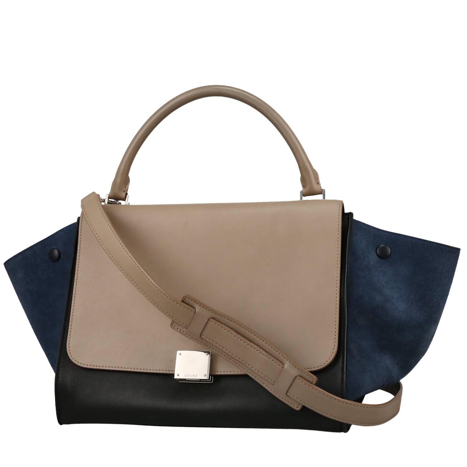 Trapeze Handbag In Black And Taupe Leather And Blue Suede