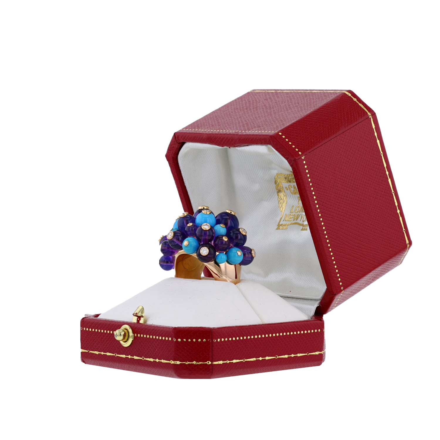 Cartier Délice de Goa ring in pink gold,  turquoises and amethysts - Detail D3