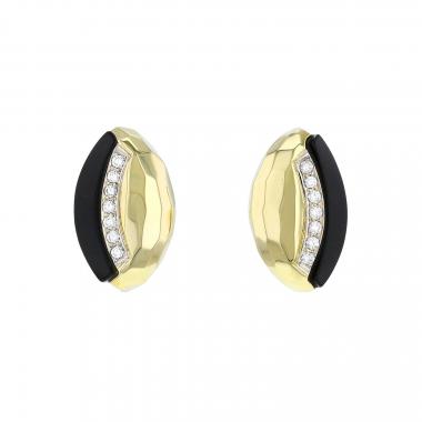 Paire de clips d'oreilles Vintage  en or jaune, onyx et diamants