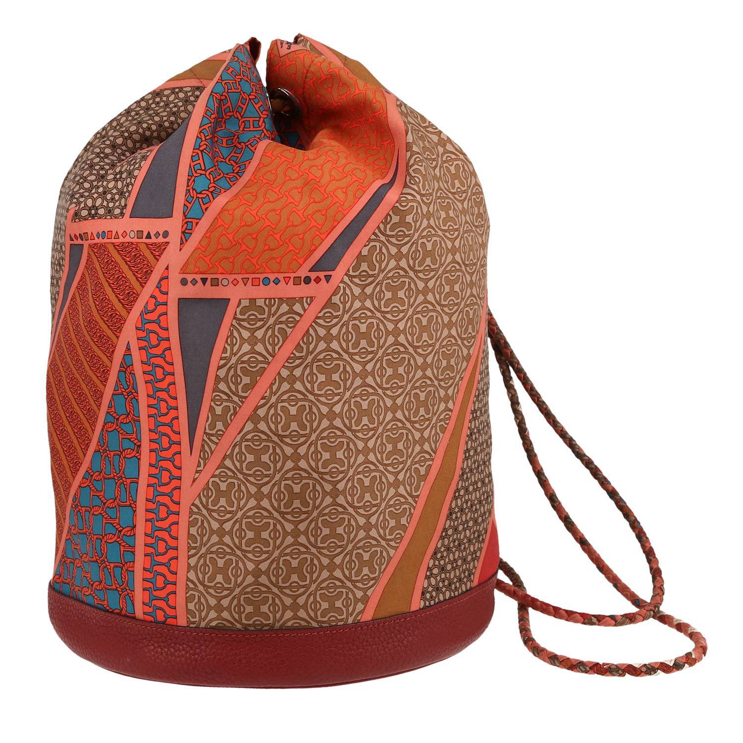Hermès Soie Cool shoulder bag in multicolor silk and red H leather taurillon clémence