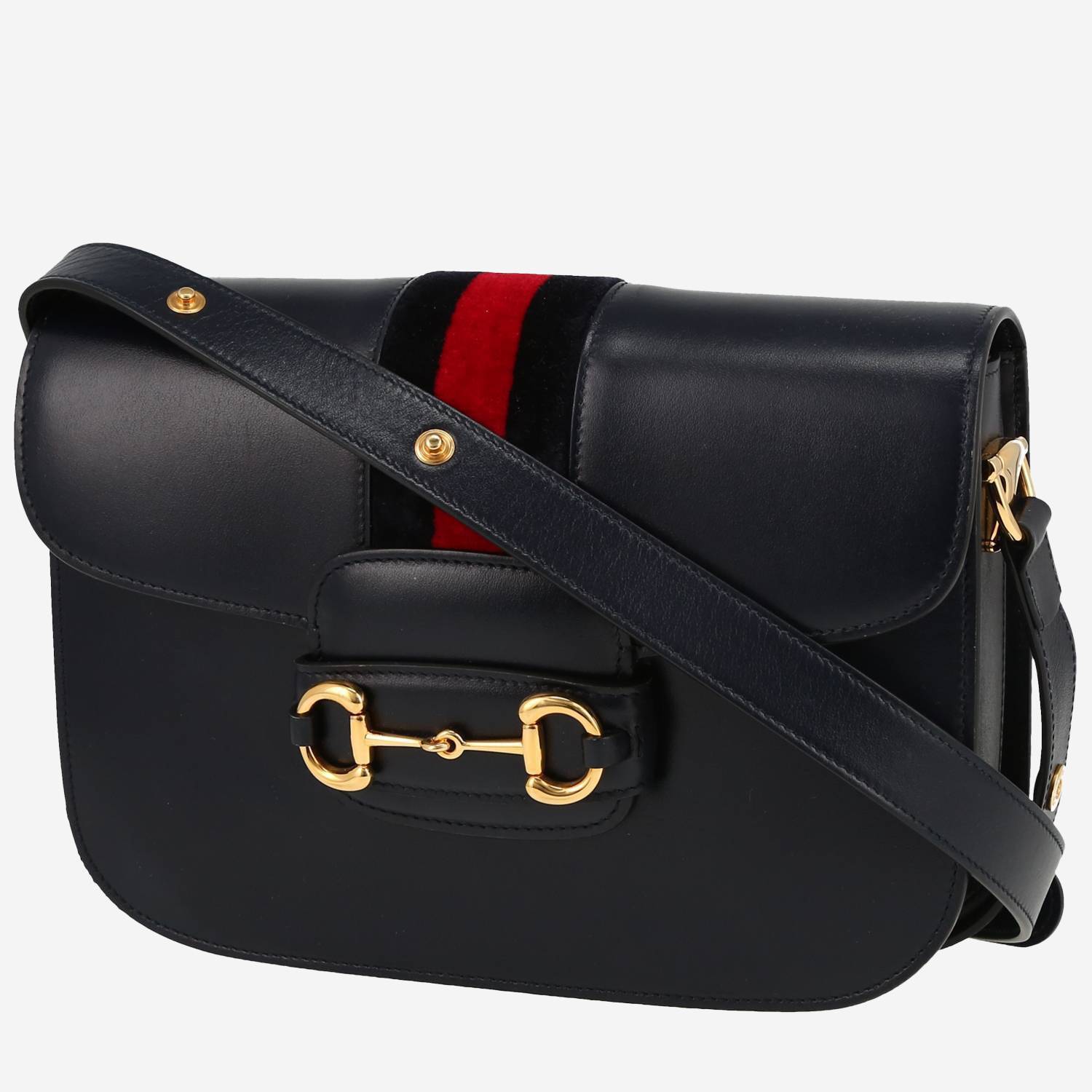 Sac bandoulière Gucci  1955 Horsebit petit modèle  en cuir bleu-marine et velours bicolore