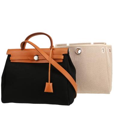Sac porté épaule ou main Hermès  Herbag en toile noire et cuir naturel