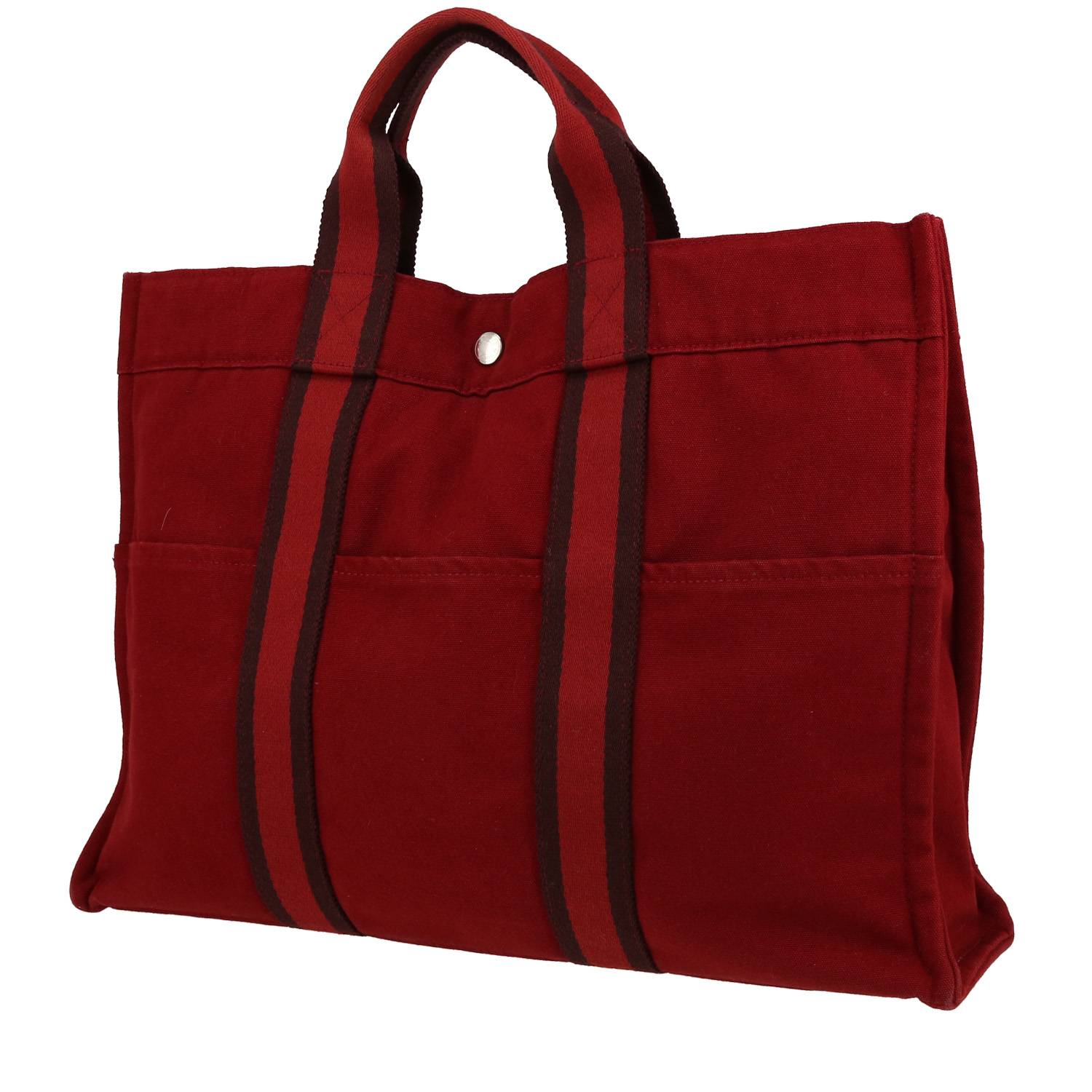 Hermès   shopping bag  in red and brown canvas