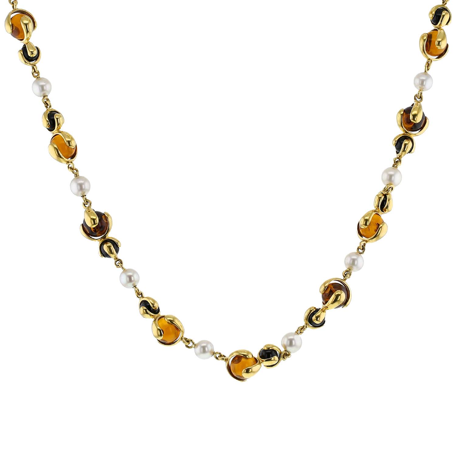 collier marina b cardan en or jaune, citrine, onyx et perles