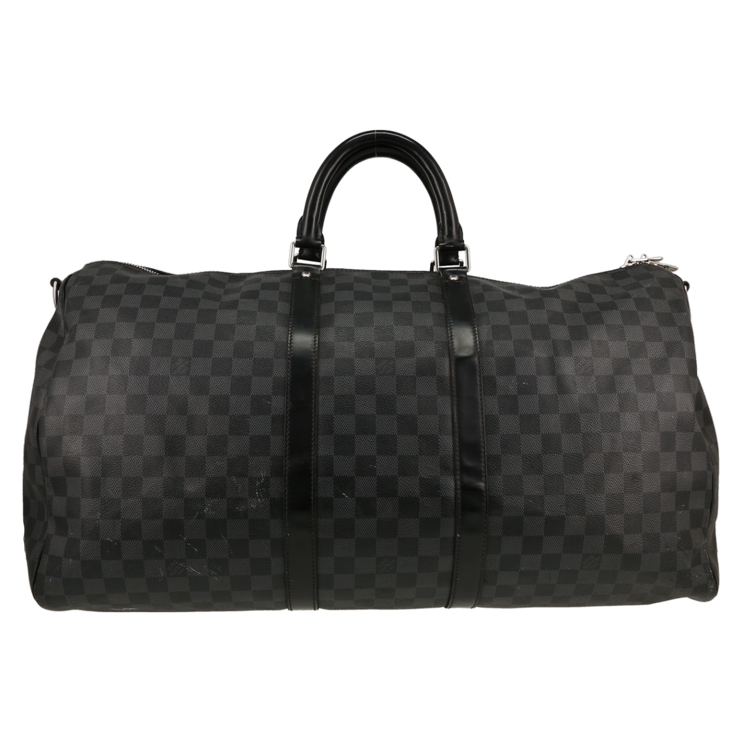 Borsa da viaggio Louis Vuitton  Keepall 55 in tela a scacchi grigia e pelle nera - Detail D1