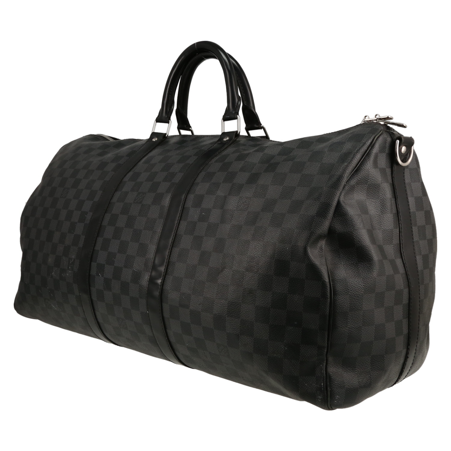 Louis Vuitton  Keepall 55 travel bag  in grey damier canvas  and black leather - Detail D2
