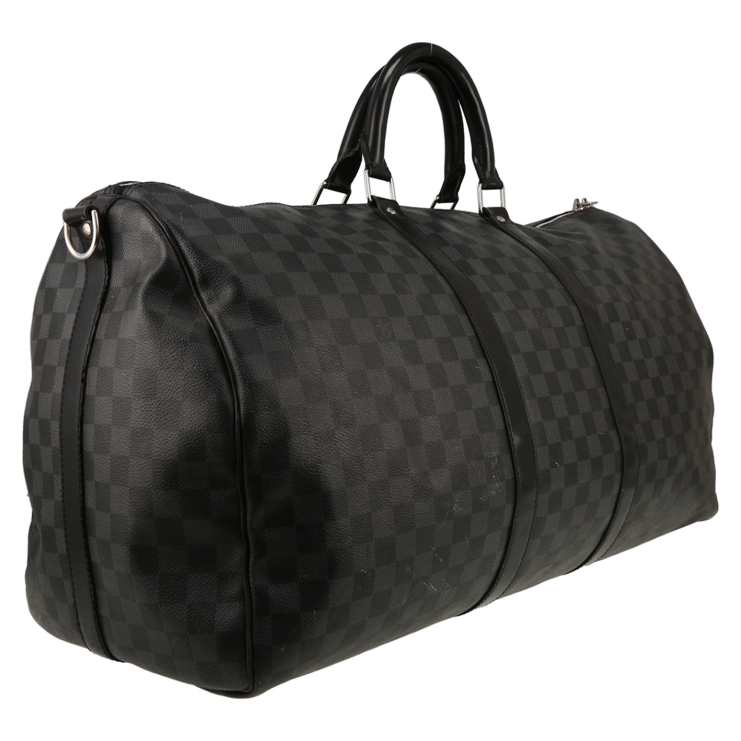Borsa da viaggio Louis Vuitton  Keepall 55 in tela a scacchi grigia e pelle nera - Detail D3