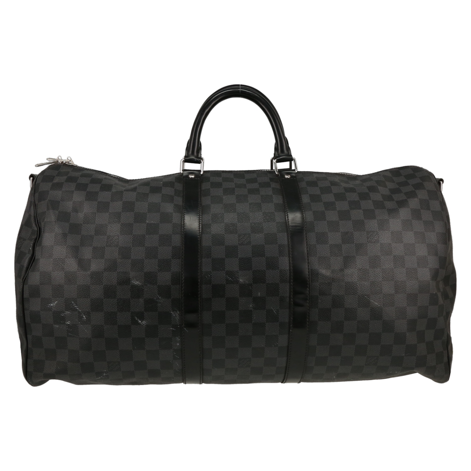 Bolsa de viaje Louis Vuitton  Keepall 55 en lona a cuadros gris y cuero negro - Detail D5