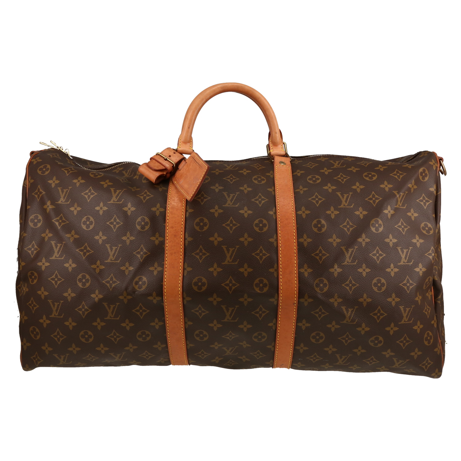 Borsa da viaggio Louis Vuitton  Keepall 60 in tela monogram marrone e pelle naturale - Detail D1