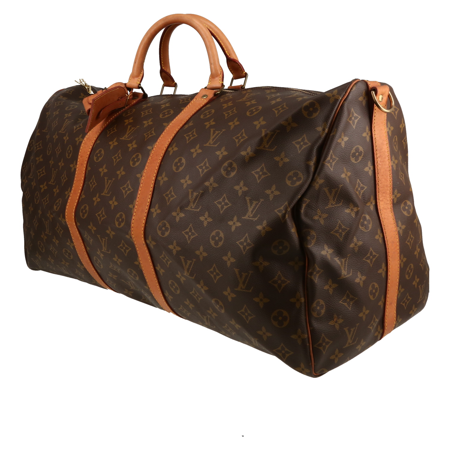 Bolsa de viaje Louis Vuitton  Keepall 60 en lona Monogram marrón y cuero natural - Detail D2