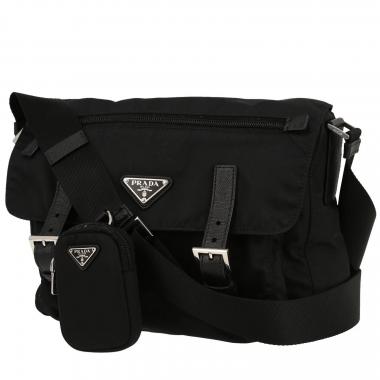 Sac bandoulière Prada  Nylon Messenger en toile noire et cuir noir