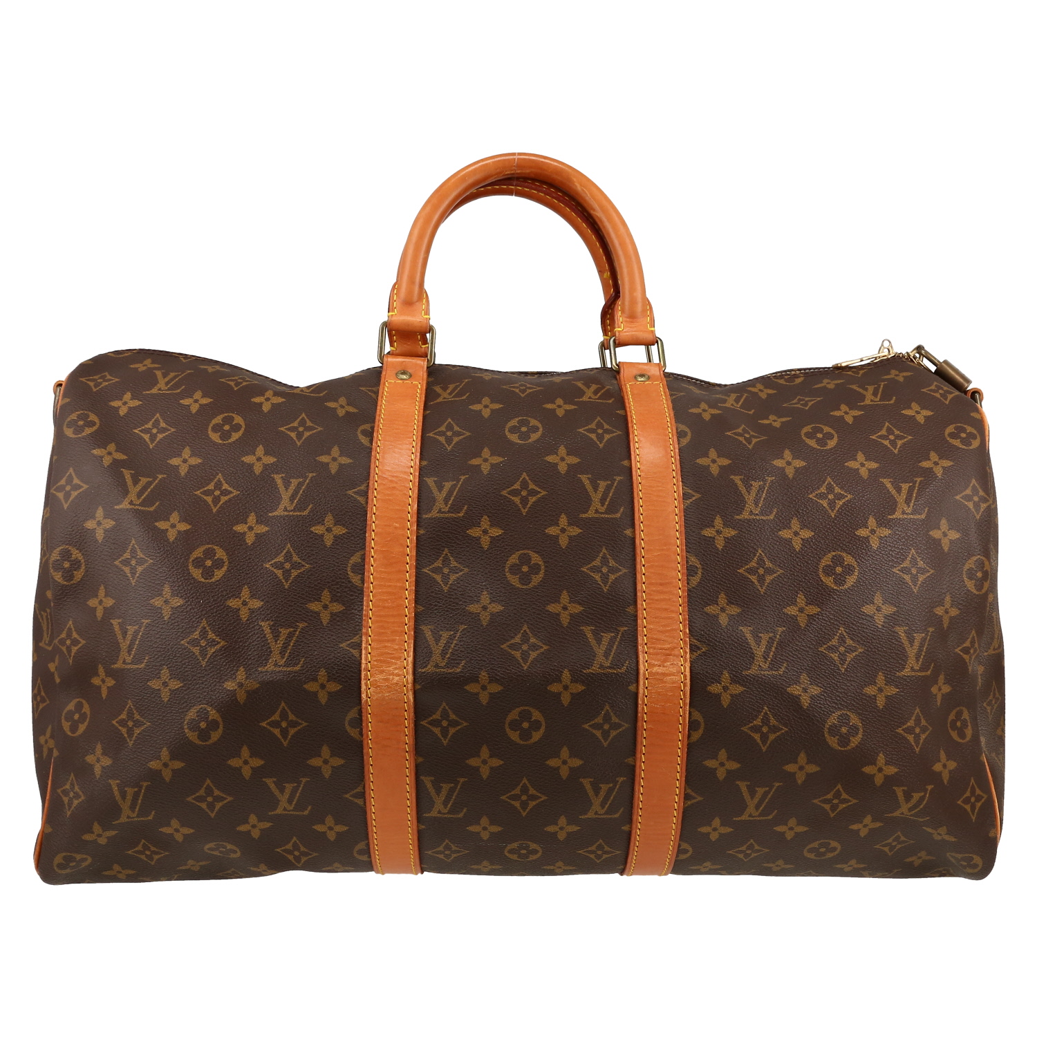 Bolsa de viaje Louis Vuitton  Keepall 50 en lona Monogram marrón y cuero natural - Detail D1