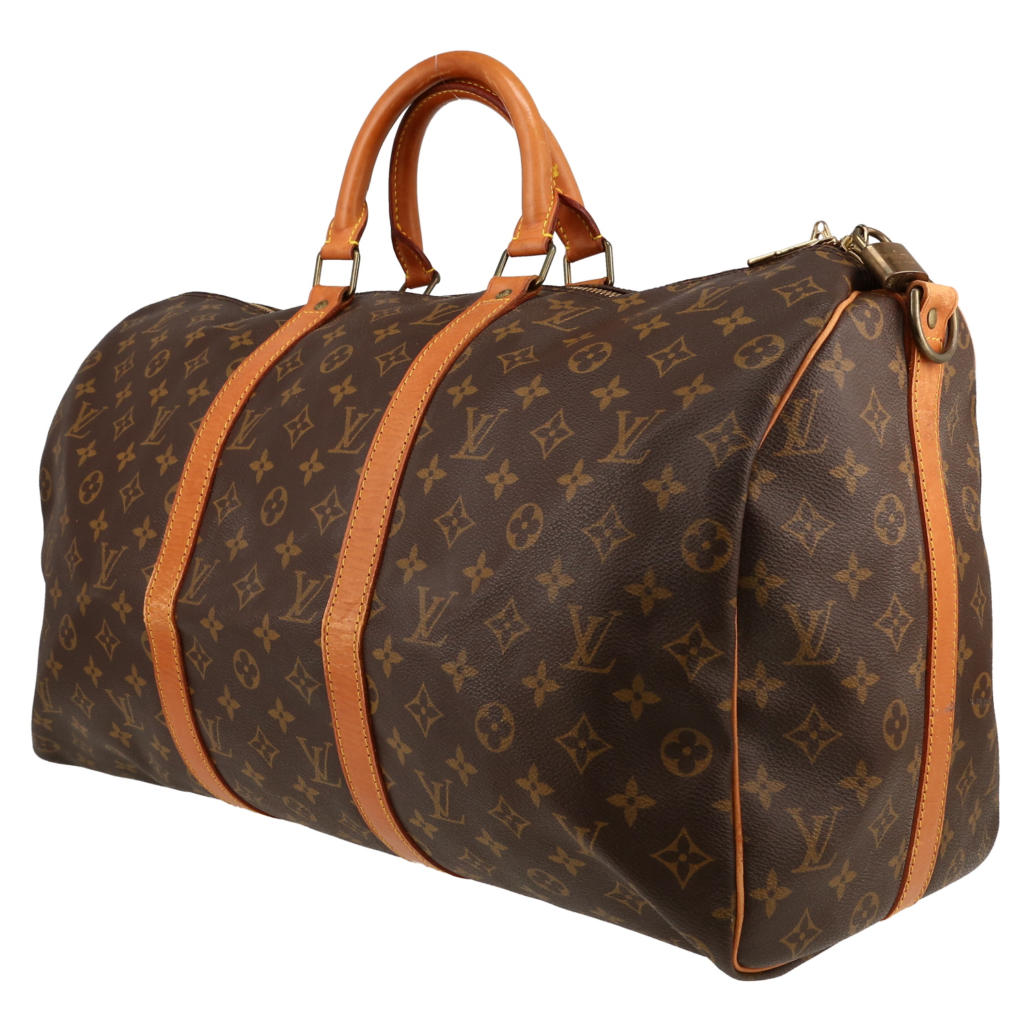 Bolsa de viaje Louis Vuitton  Keepall 50 en lona Monogram marrón y cuero natural - Detail D2