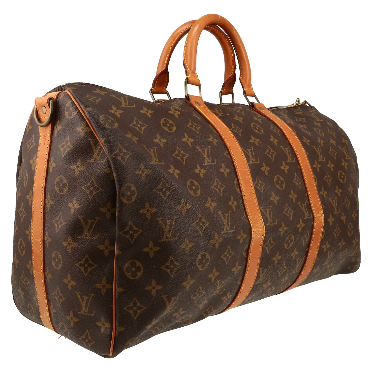 Bolsa de viaje Louis Vuitton  Keepall 50 en lona Monogram marrón y cuero natural - Detail D3