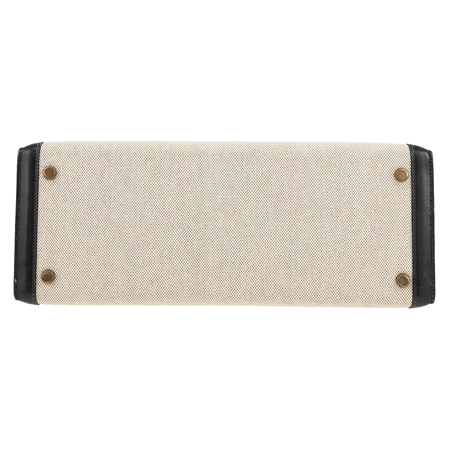 Hermès  Kelly 32 cm handbag  in beige canvas  and navy blue box leather - Detail D1