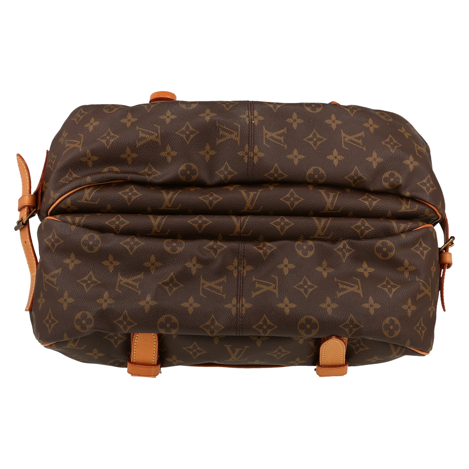 Sac bandoulière Louis Vuitton  Saumur moyen modèle  en toile monogram marron et cuir naturel - Detail D1