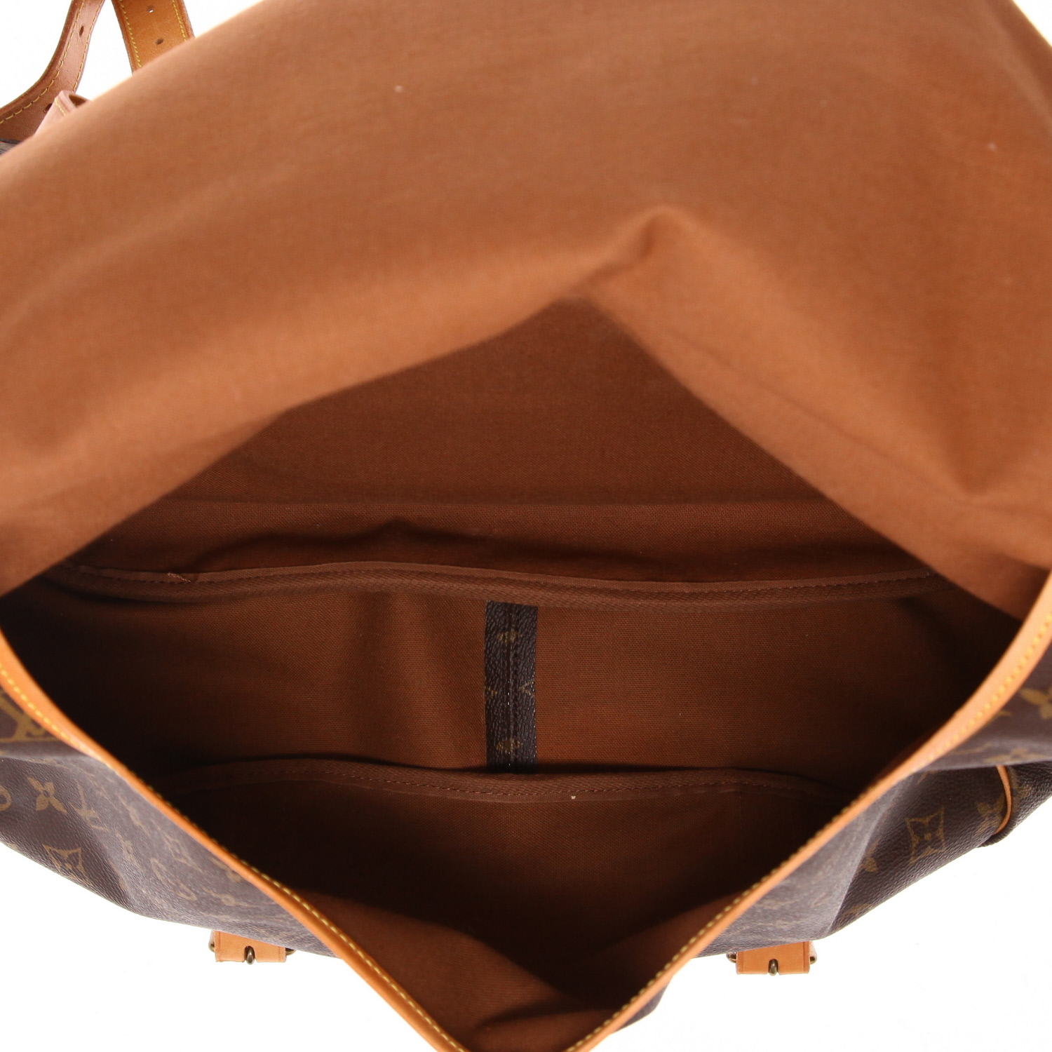 Sac bandoulière Louis Vuitton  Saumur moyen modèle  en toile monogram marron et cuir naturel - Detail D3