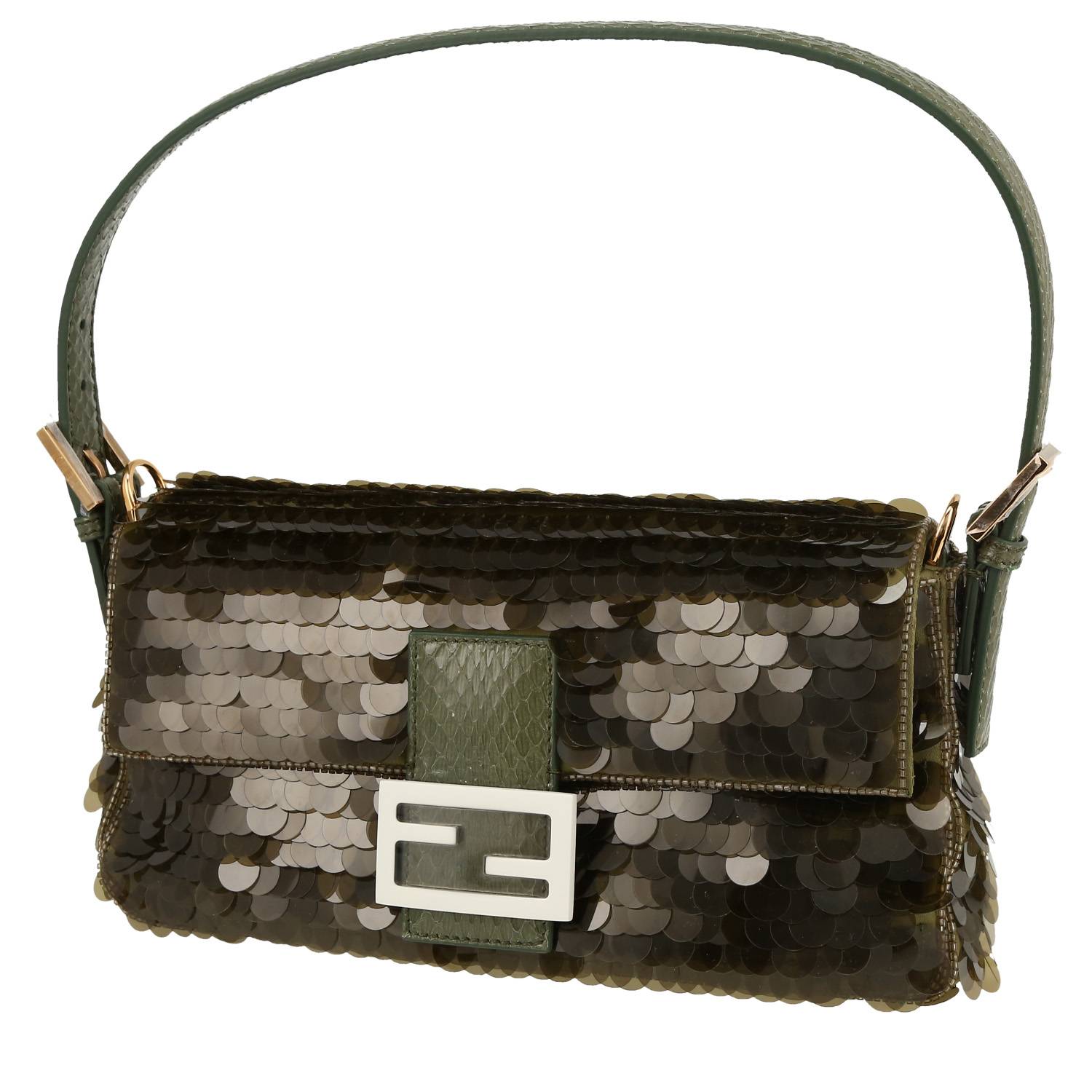 Baguette Handbag In Khaki Paillette And Python