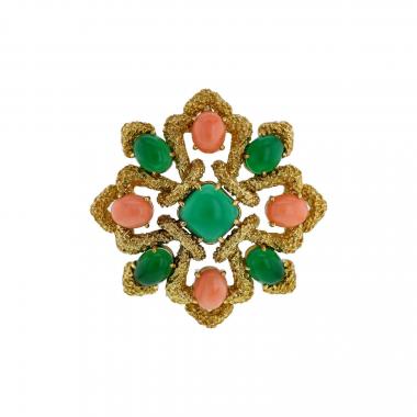 Spilla-ciondolo  Van Cleef & Arpels Delphes in oro giallo, crisoprasio e corallo