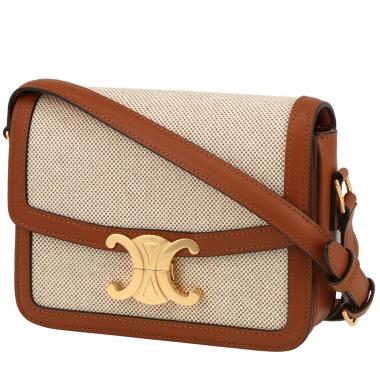 thumb celine triomphe teen shoulder bag in beige canvas and brown leather