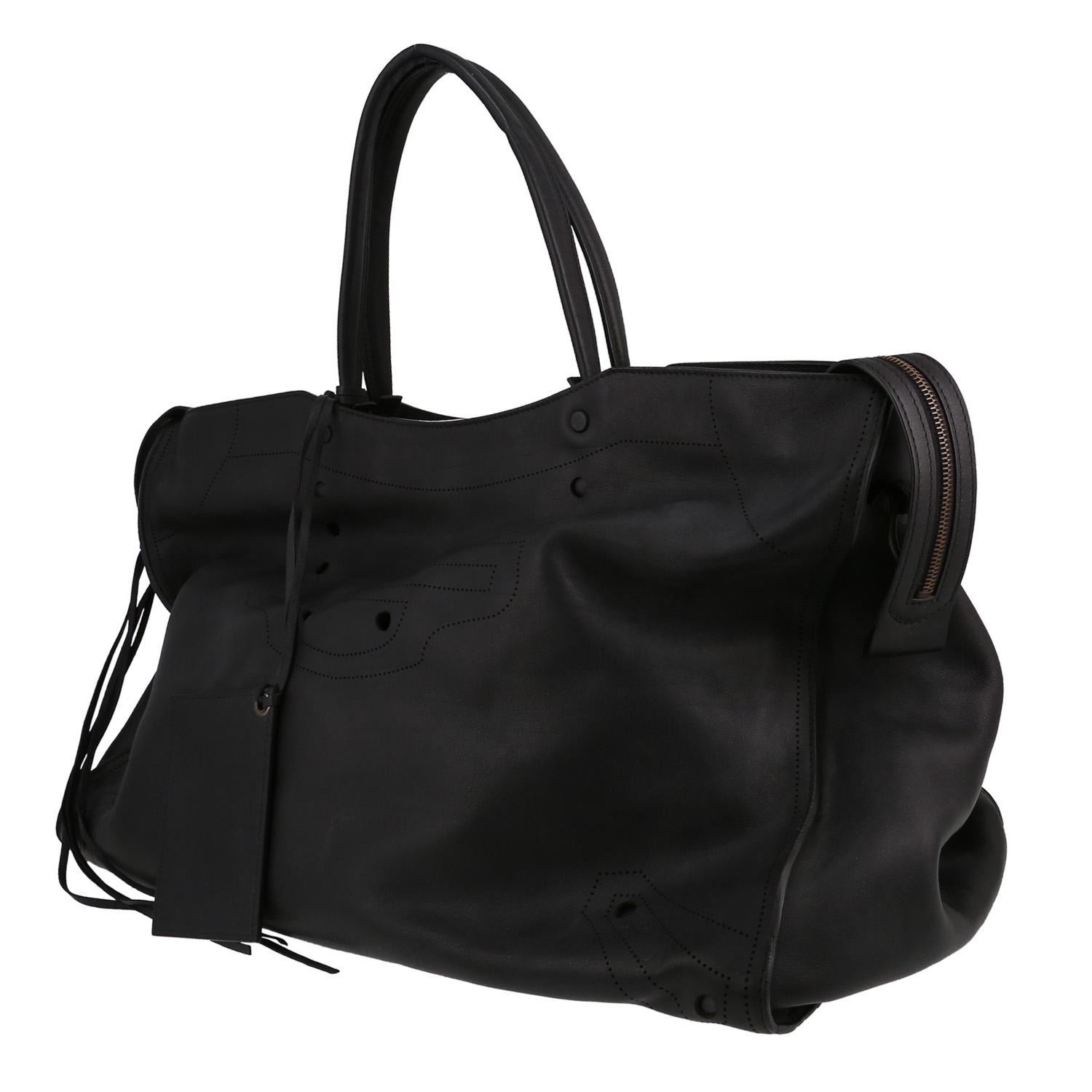 Sac de week end Balenciaga Blackout city en cuir noir - Detail D2