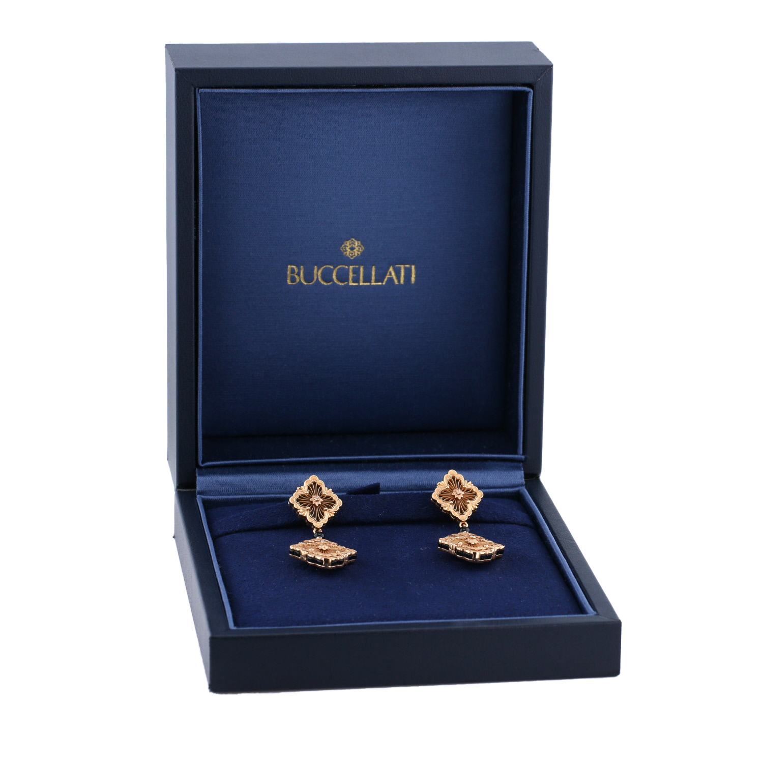 Paire de pendants d'oreilles Buccellati Opera Tulle en or rose, onyx et diamants - Detail D2