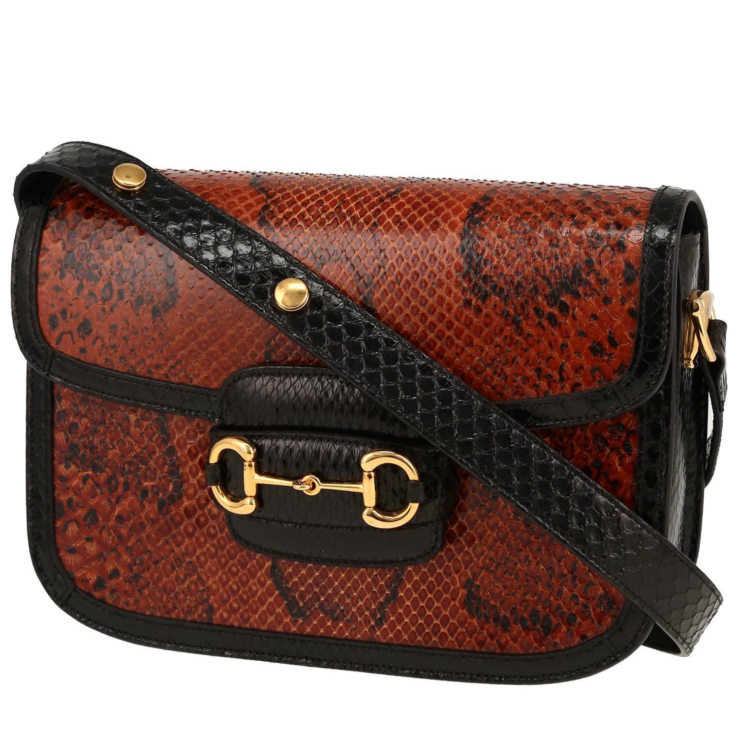 Gucci 1955 Horsebit small model shoulder bag in brown python and black leather
