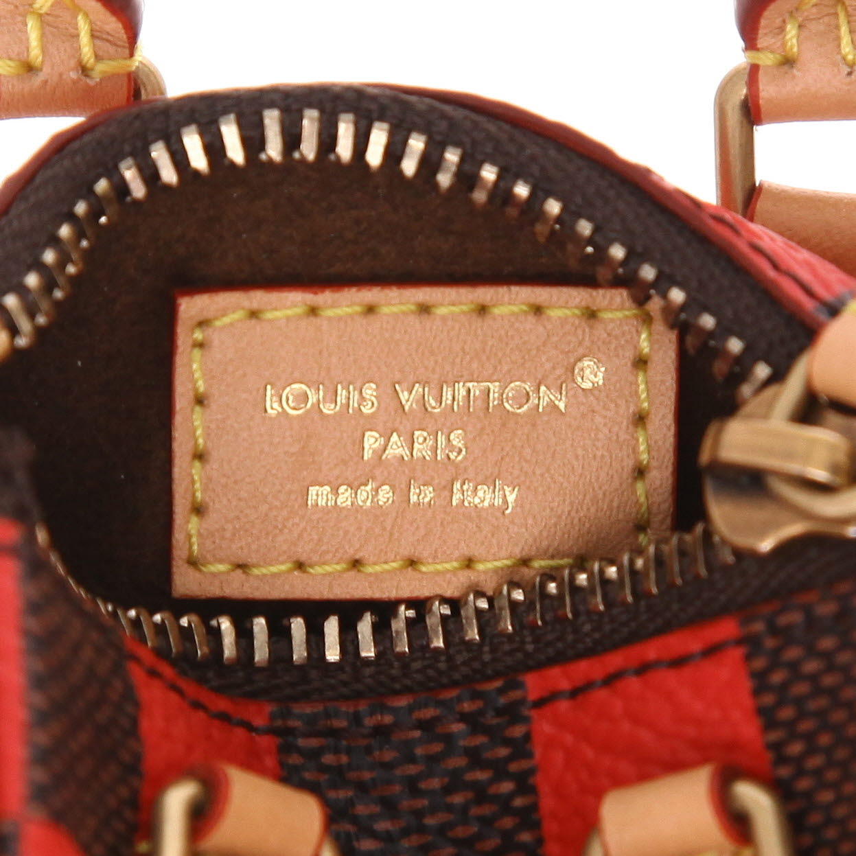 Llavero Louis Vuitton  Speedy Editions Limitées en lona a cuadros revestida marrón y roja y cuero natural - Detail D2