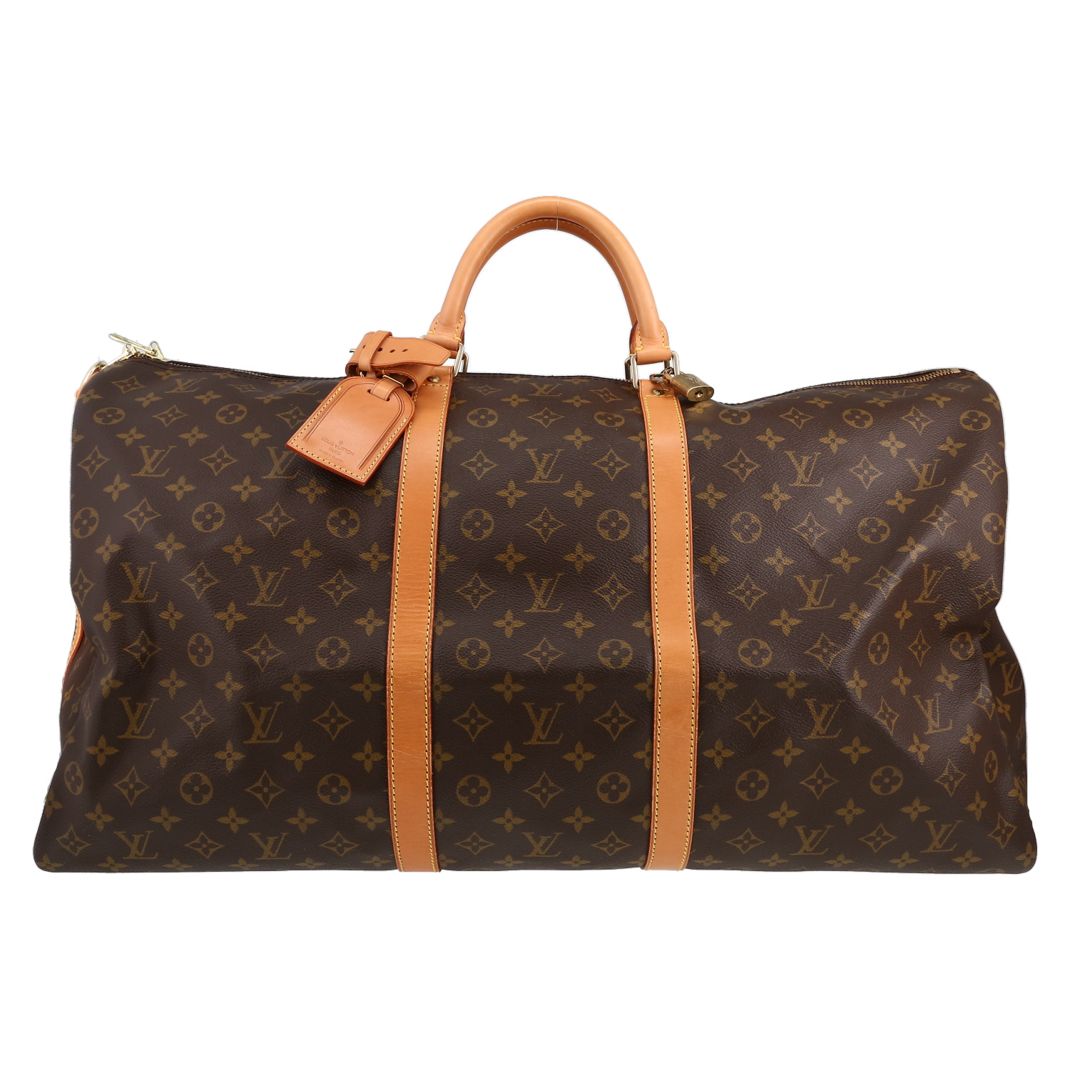 Sac de voyage Louis Vuitton  Keepall 60 en toile monogram marron et cuir naturel - Detail D1
