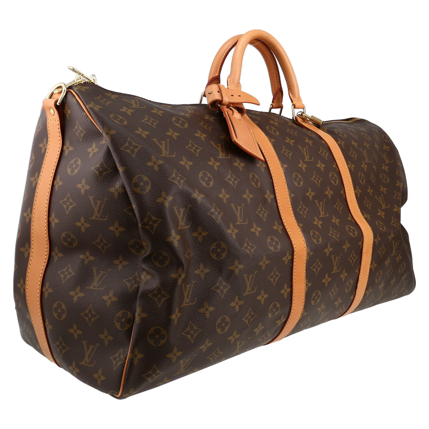 Sac de voyage Louis Vuitton  Keepall 60 en toile monogram marron et cuir naturel - Detail D3
