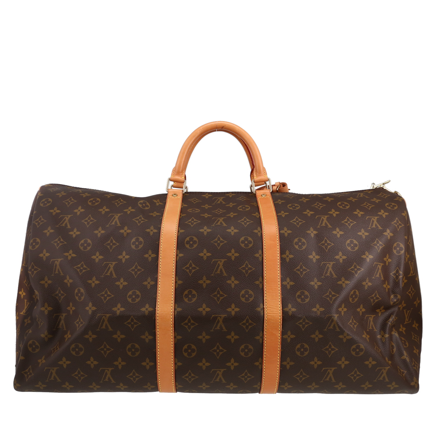 Sac de voyage Louis Vuitton  Keepall 60 en toile monogram marron et cuir naturel - Detail D5