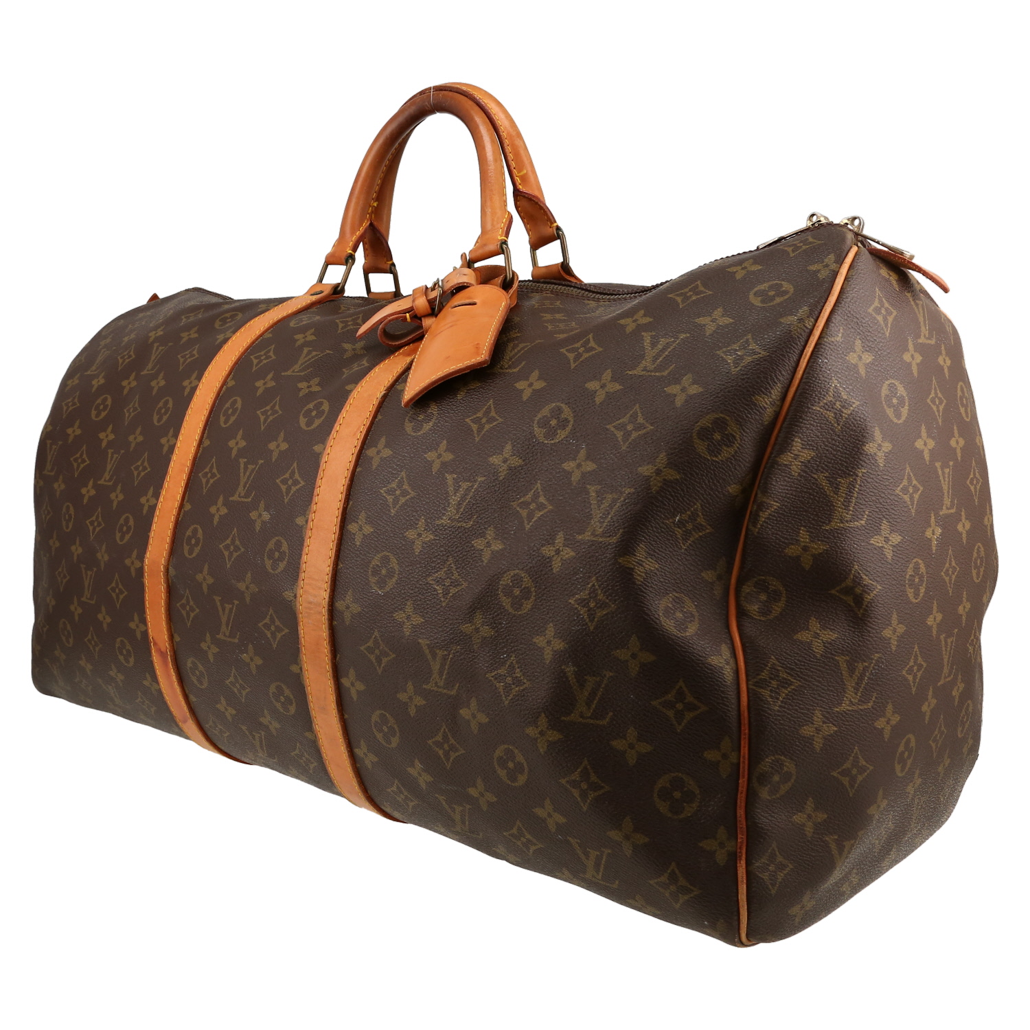 Borsa da viaggio Louis Vuitton  Keepall 60 in tela monogram marrone e pelle naturale - Detail D2