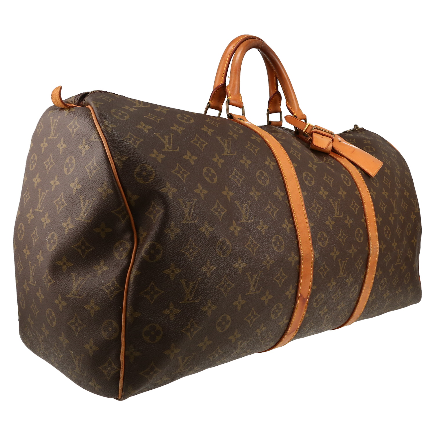 Sac de voyage Louis Vuitton  Keepall 60 en toile monogram marron et cuir naturel - Detail D3