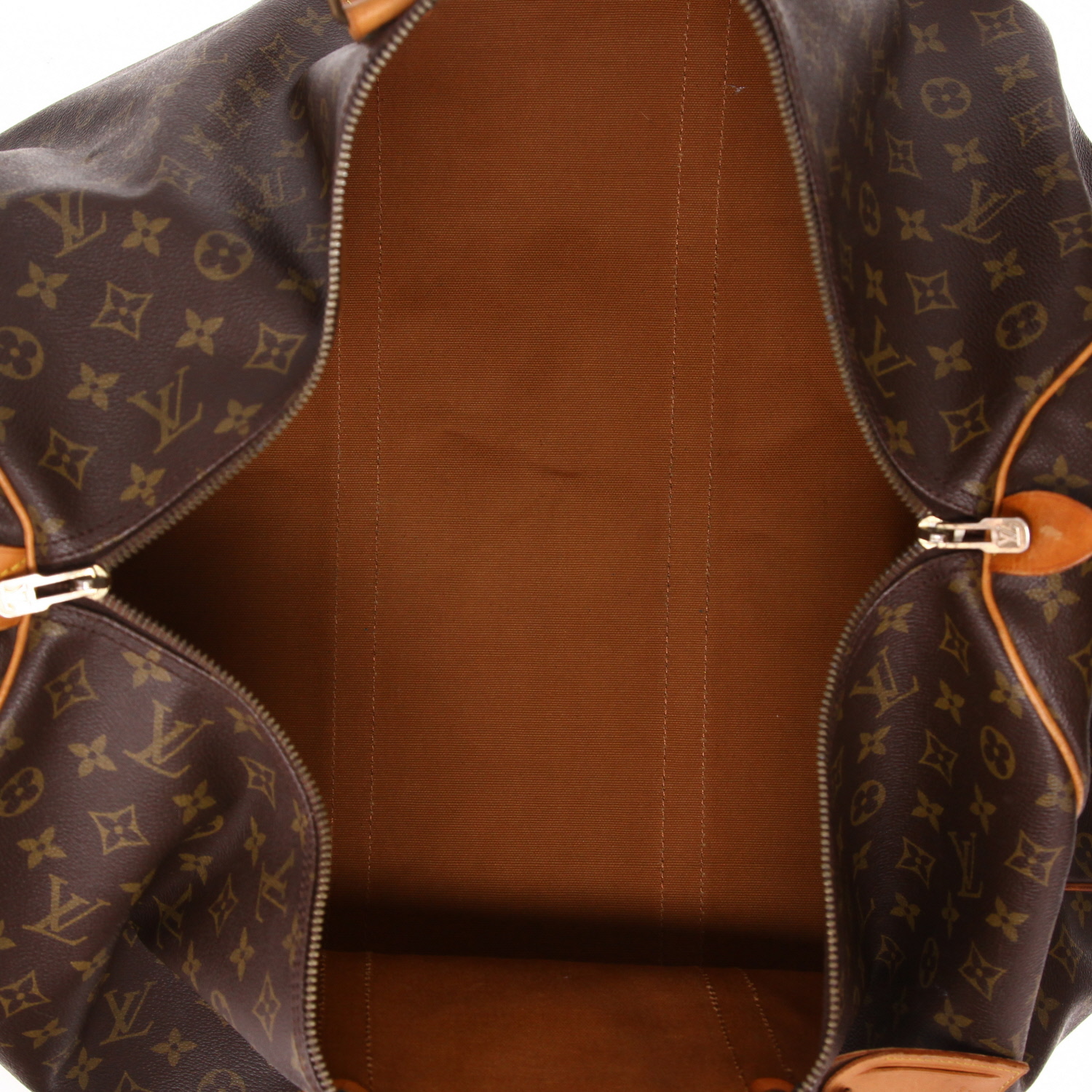 Sac de voyage Louis Vuitton  Keepall 60 en toile monogram marron et cuir naturel - Detail D7