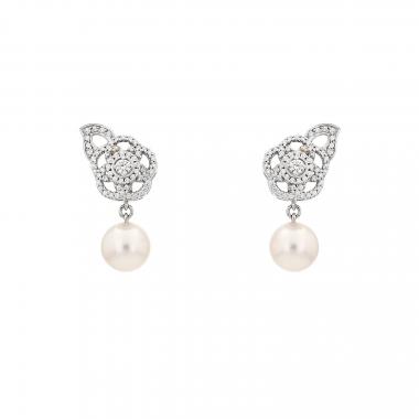 Pendientes Chanel Camélia Fil de oro blanco, diamantes y perlas